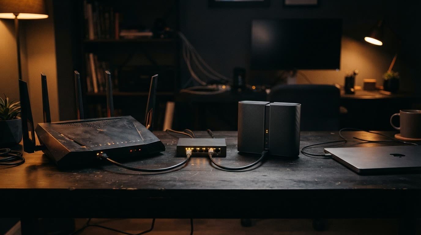 Netgear Wi-Fi 7 vs Wi-Fi 6E for Older Devices Two Wi-Fi routers sit beside a network switch and laptop.