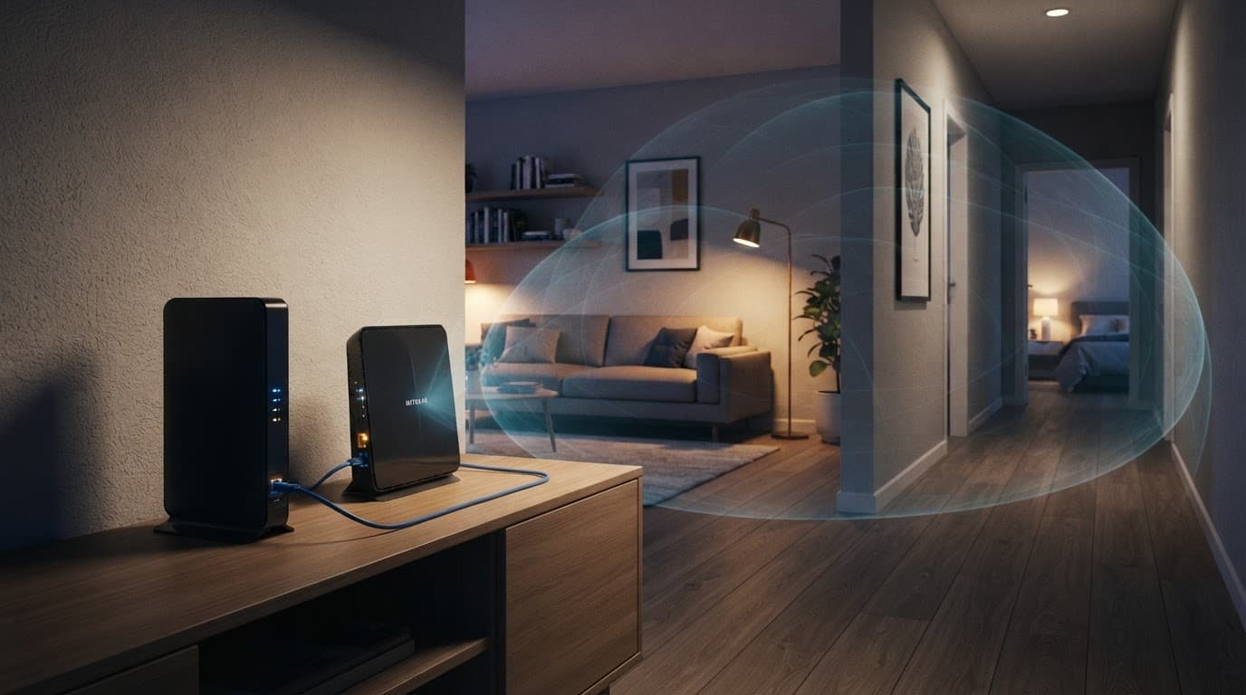 Two routers connected by cable extend Wi-Fi toward a distant bedroom.