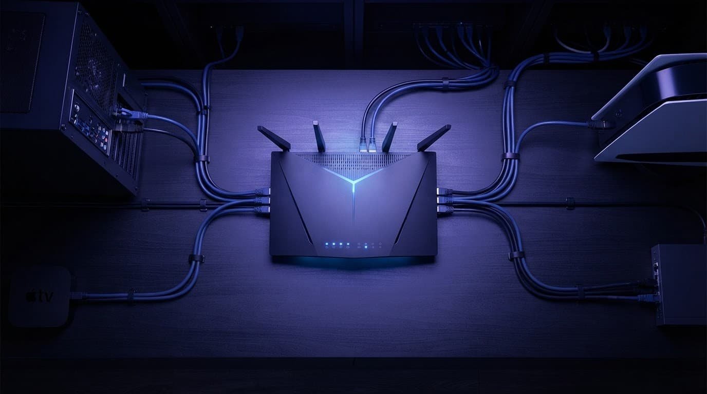 Best Netgear Gaming Router Without Wi-Fi 7 router with cables connected to devices.
