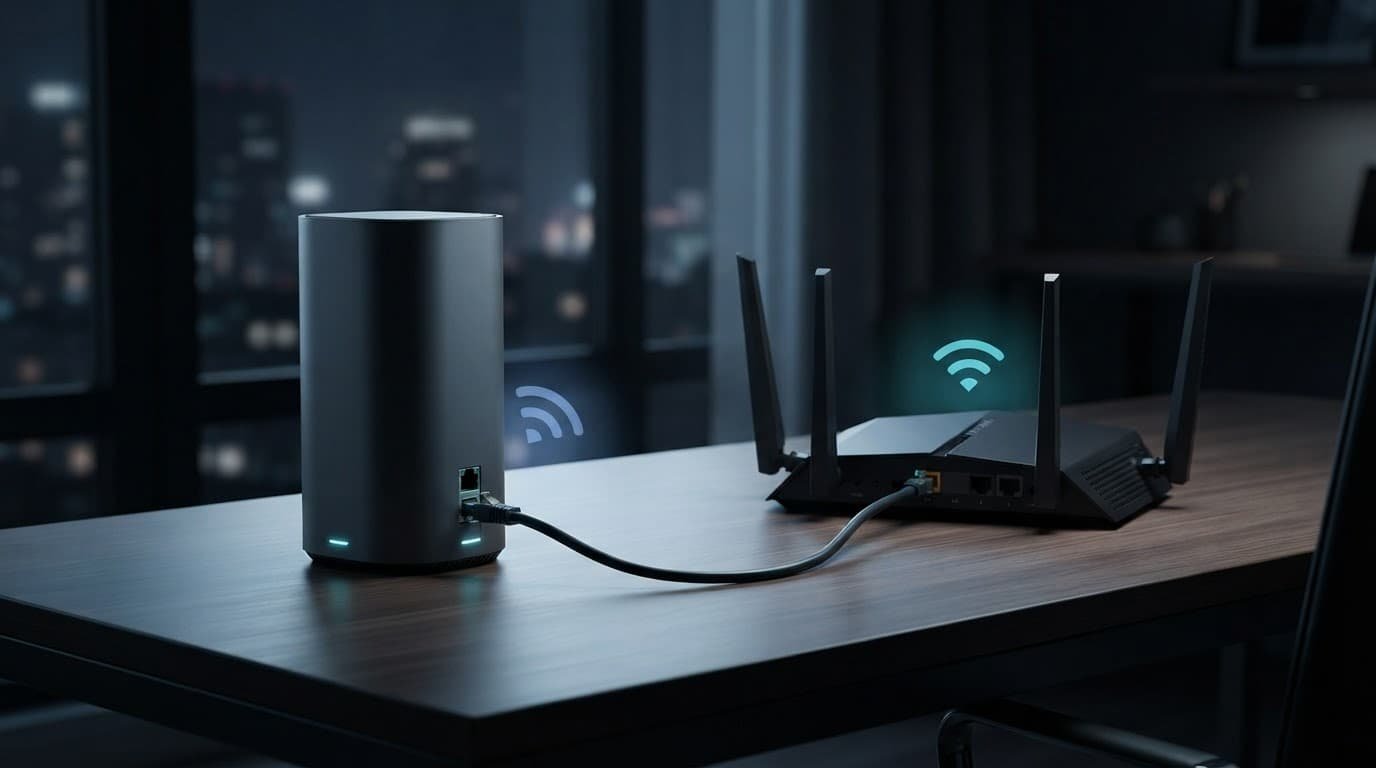 A 5G gateway connects to a separate Wi-Fi router with one Ethernet cable.