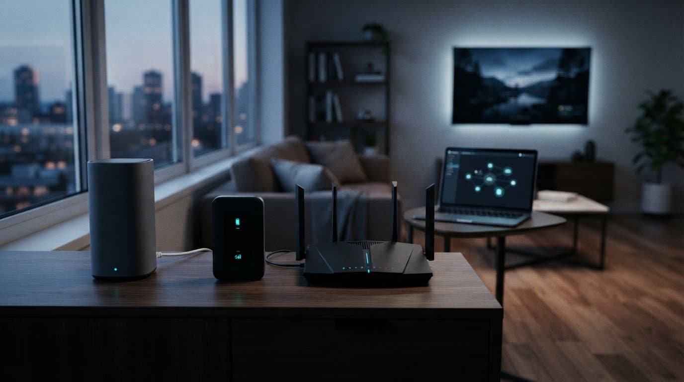 A 5G gateway and Wi-Fi router sit near a laptop and smart TV.