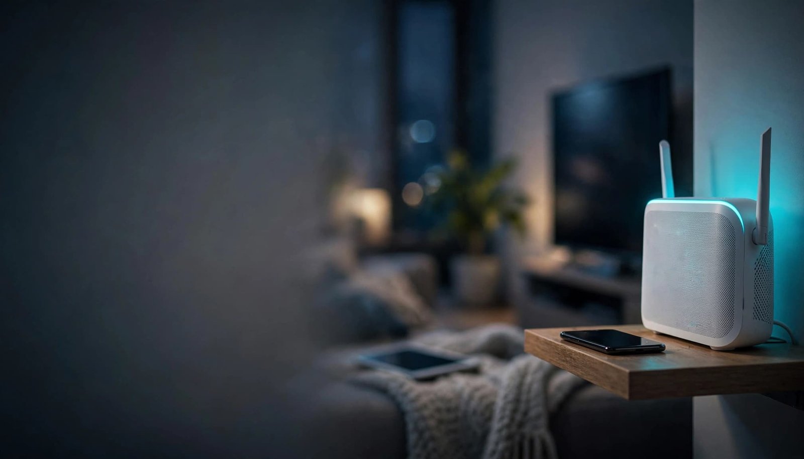 A mesh router and smartphone sit on a living room shelf at evening.