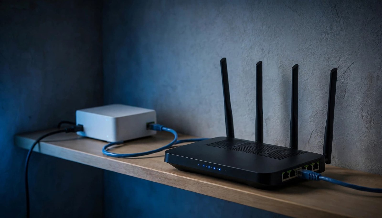 Netgear PPPoE Setup Guide for Fiber Internet A white fiber ONT connects to a Wi-Fi router with one Ethernet cable.