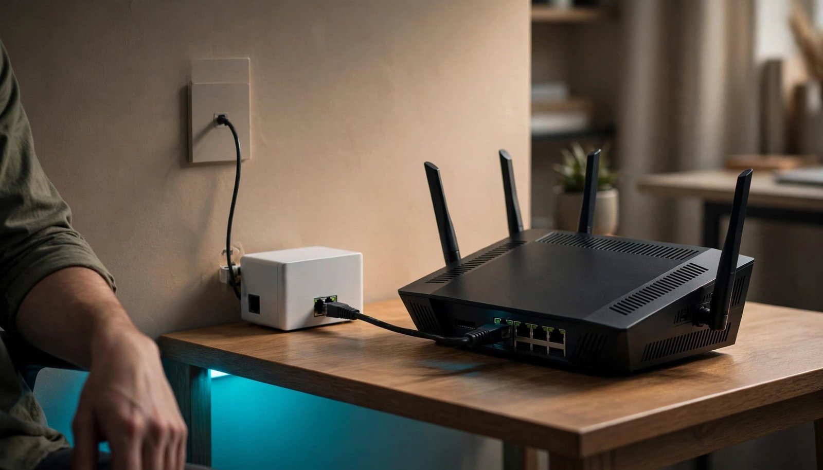 Connect Netgear Router to ONT: Fiber Setup Guide Black router beside a fiber ONT with one Ethernet cable between them.