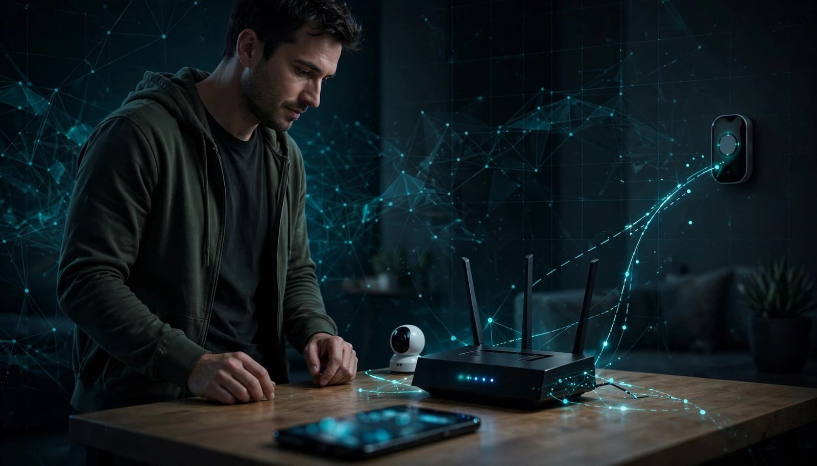 Set Up a Netgear Guest Network for Smart Home Devices A homeowner beside a router, phone, camera, and thermostat in a dark living room.