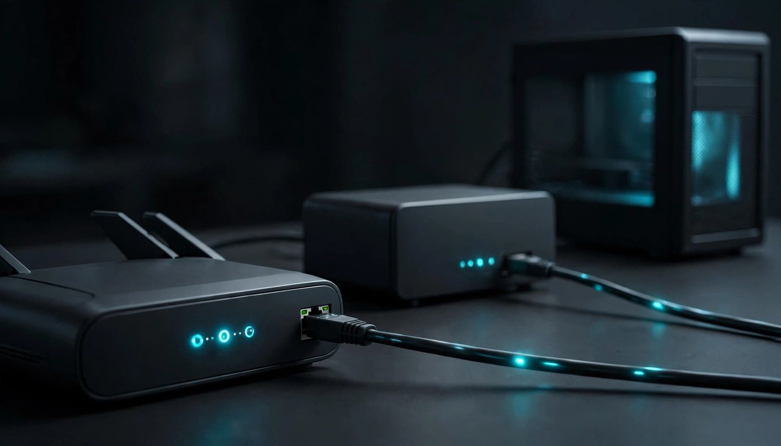 Fix a Netgear Router Link Speed That Falls Back to 1Gbps A router and Ethernet cable sit near a modem and desktop computer in a dark office.