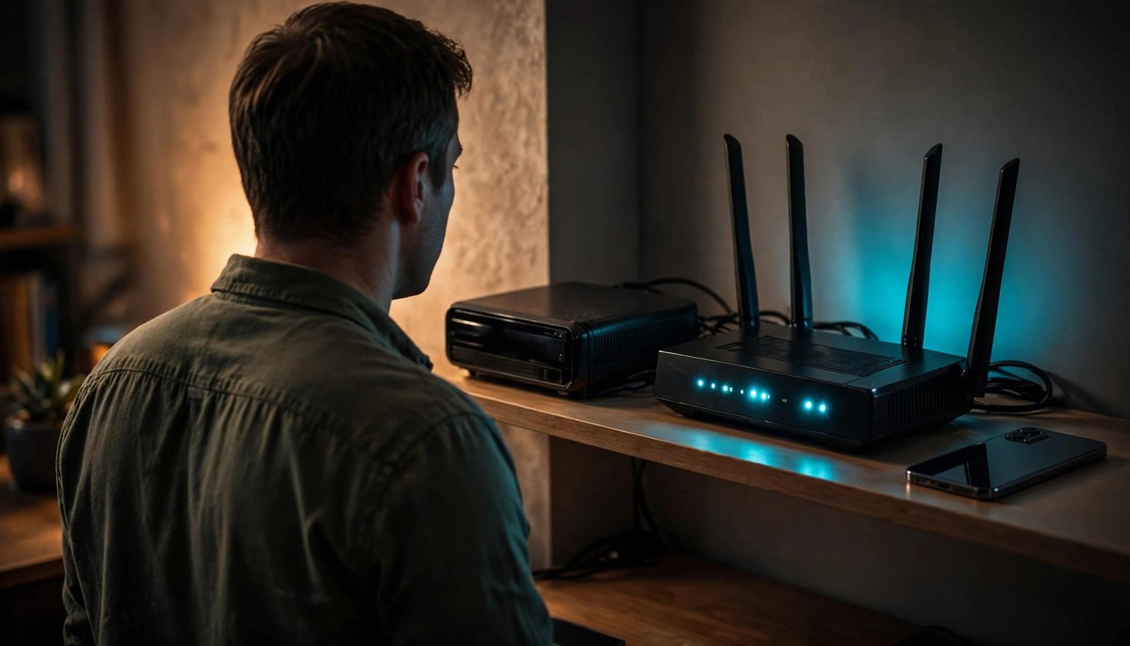 Netgear WPA3 Setup for Newer Phones and Laptops A homeowner studies a glowing router beside an older device and smartphone.