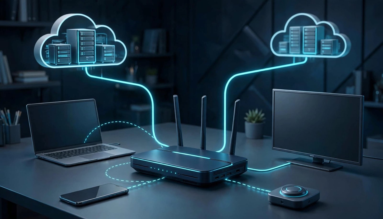 A home router connects four devices to two cloud DNS servers.