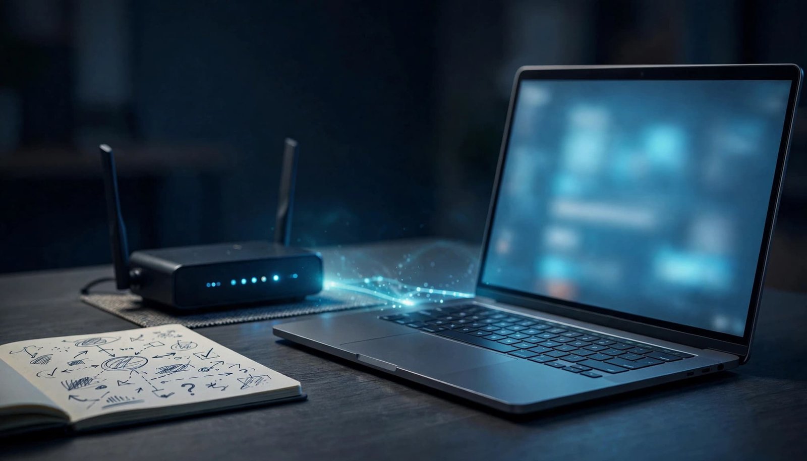 A laptop and Wi-Fi router sit beside a notebook on a home office desk.
