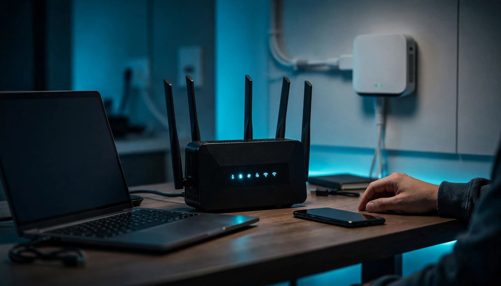Connect Netgear Router to ONT: Fiber Setup Guide A black router with lights beside a laptop and smartphone on a home desk.