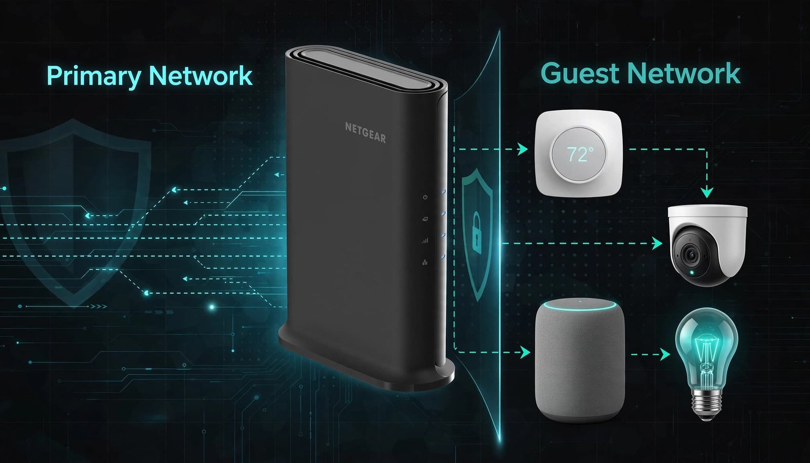 Set Up a Netgear Guest Network for Smart Home Devices Router linking a primary network to a guest network with a thermostat, camera, speaker, and light bulb.