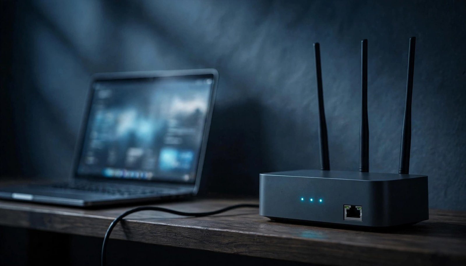 A WiFi router beside an Ethernet cable and laptop showing a blurred setup page.