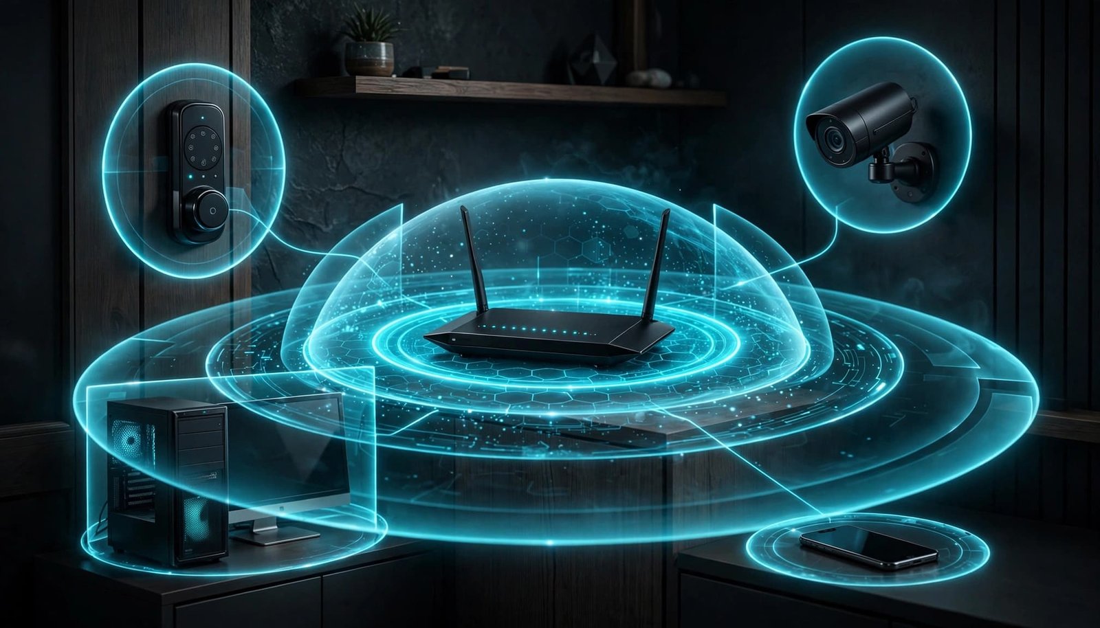 A router connects home devices inside glowing cyan security rings.