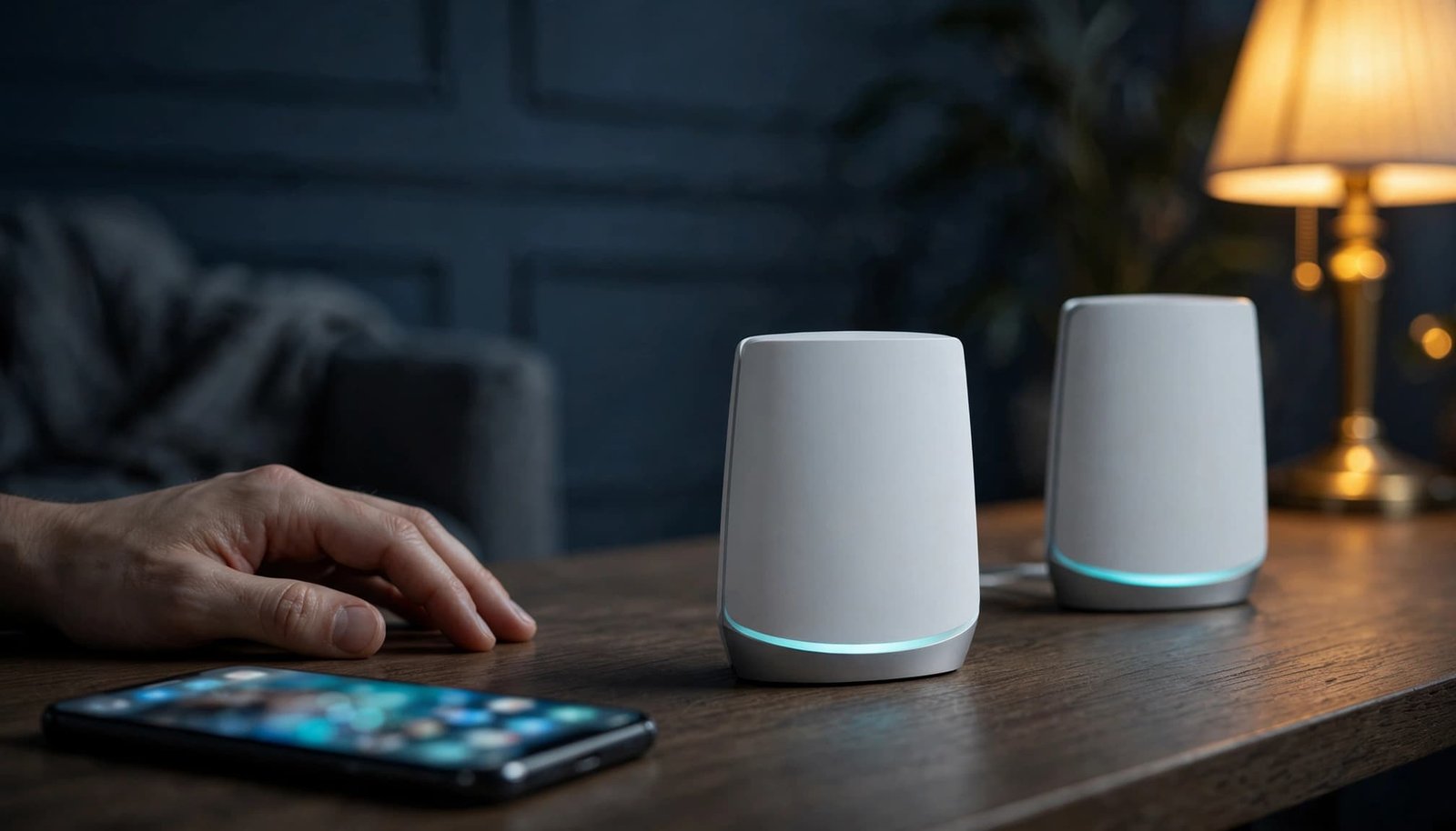 A hand and smartphone beside two mesh WiFi units on a table.