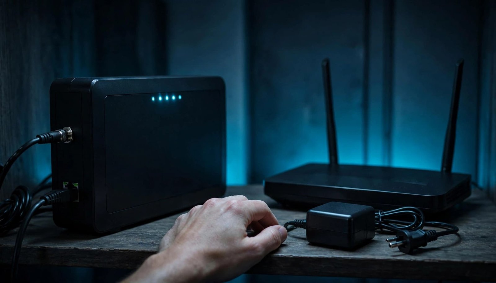 A hand rests beside an unplugged adapter between a modem and router.