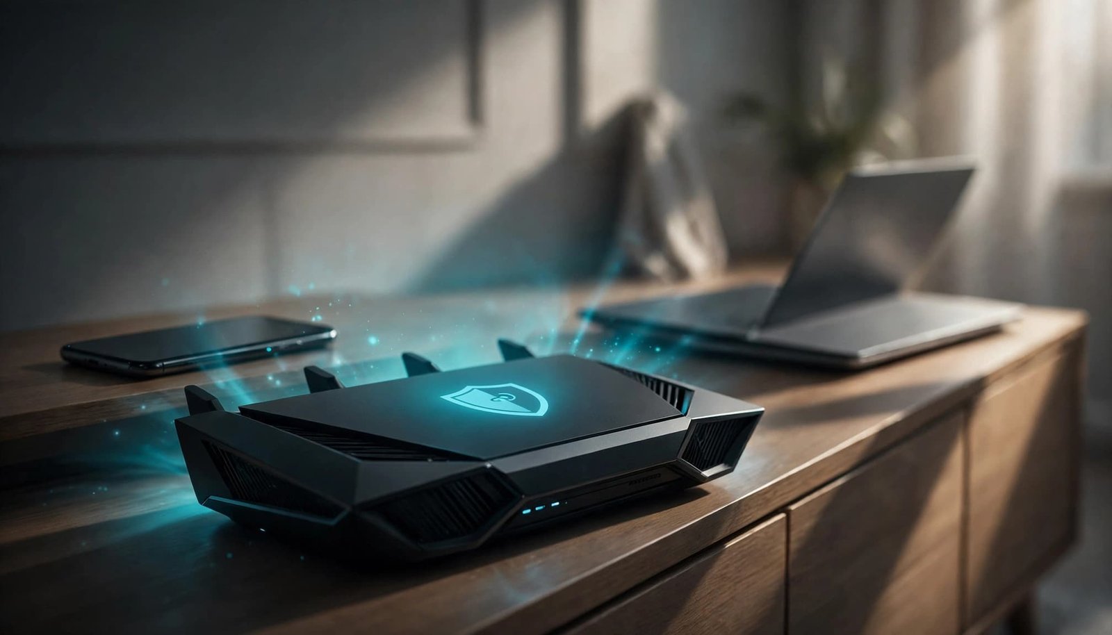 Netgear WPA3 Setup for Newer Phones and Laptops A glowing wireless router sits in front of a smartphone and laptop.