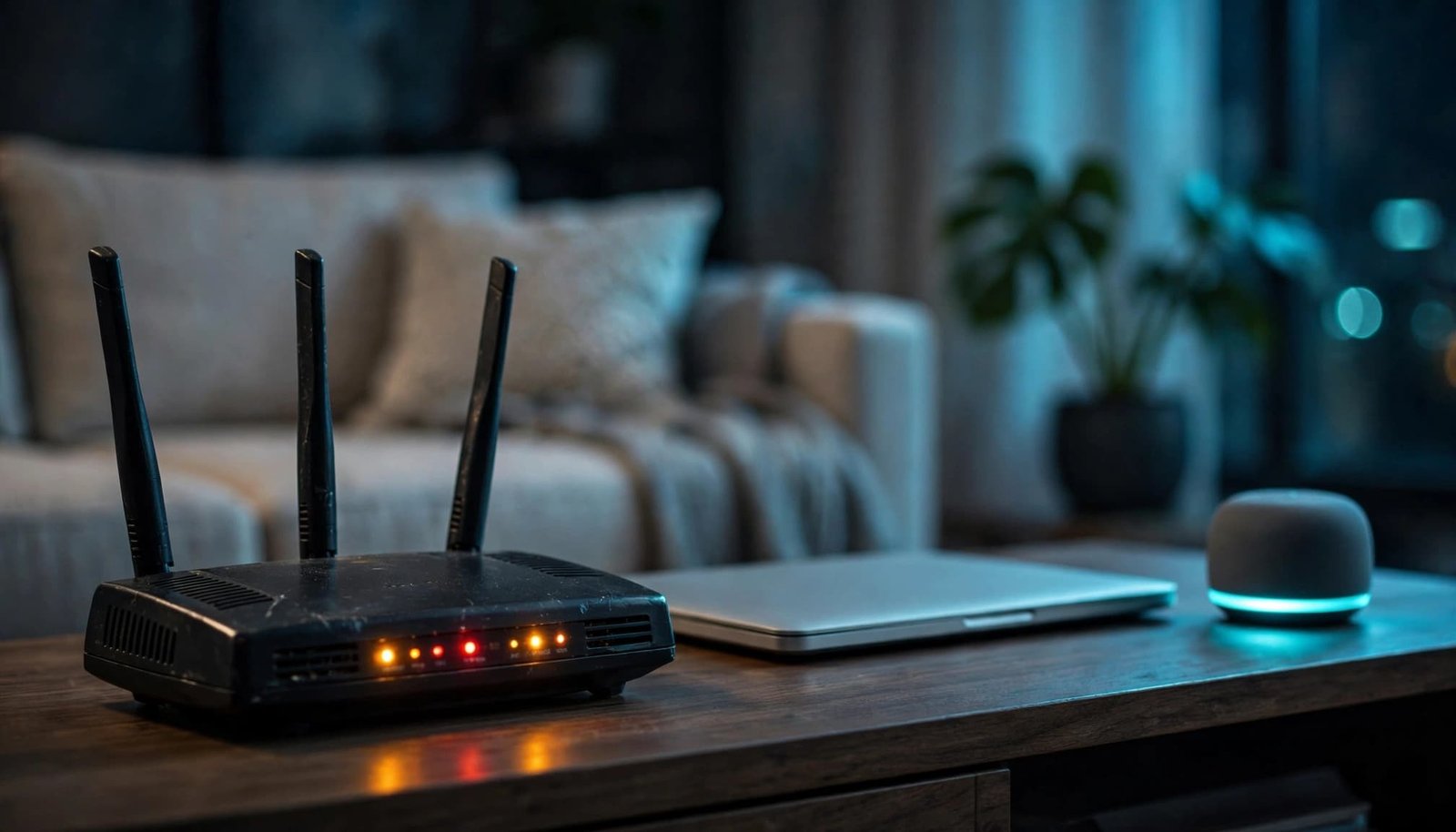 How Often Should You Replace a Netgear Router? A Wi-Fi router with status lights sits beside a laptop on a living-room console.