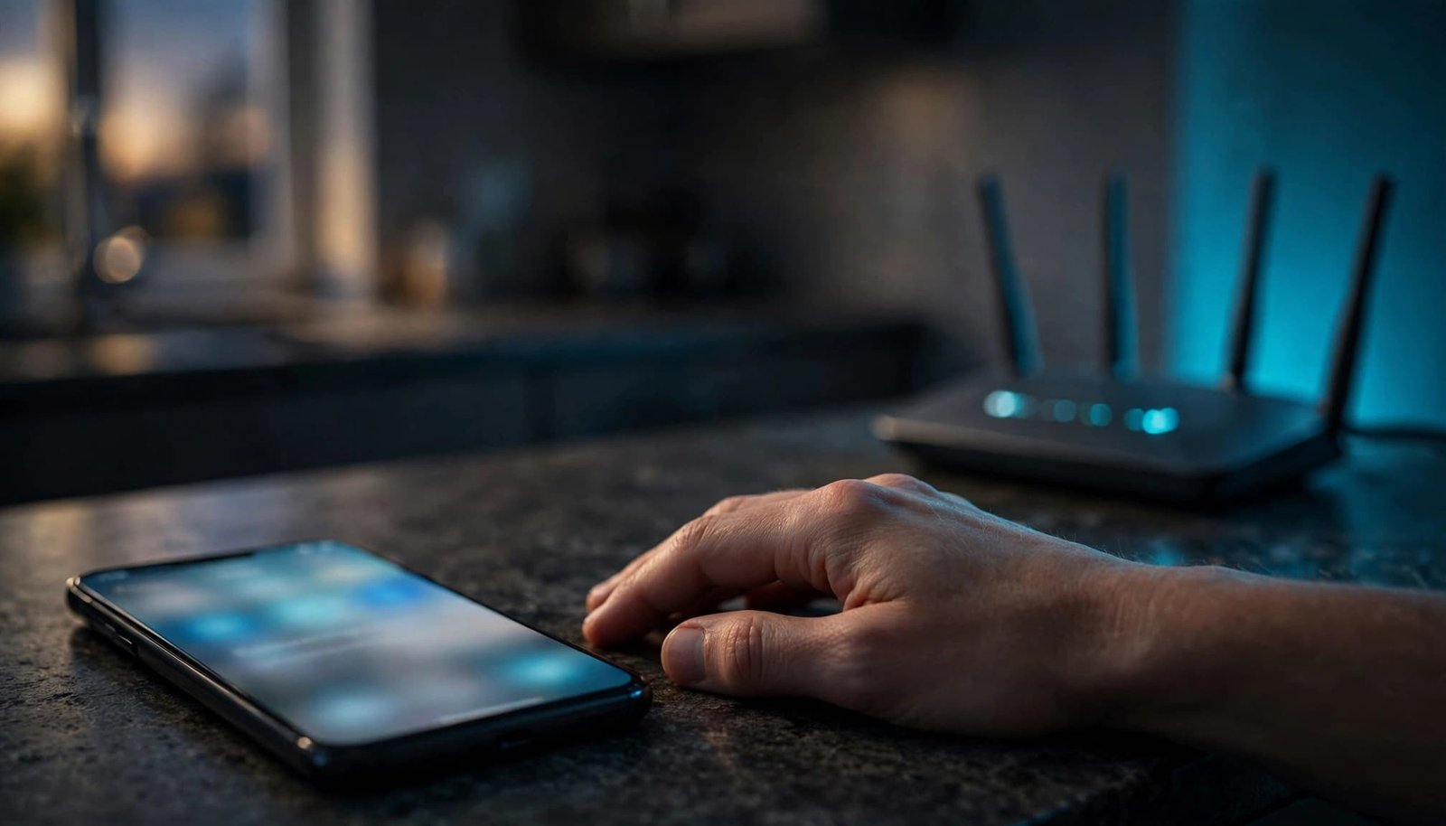 A hand rests beside a smartphone with a Wi-Fi router behind it.