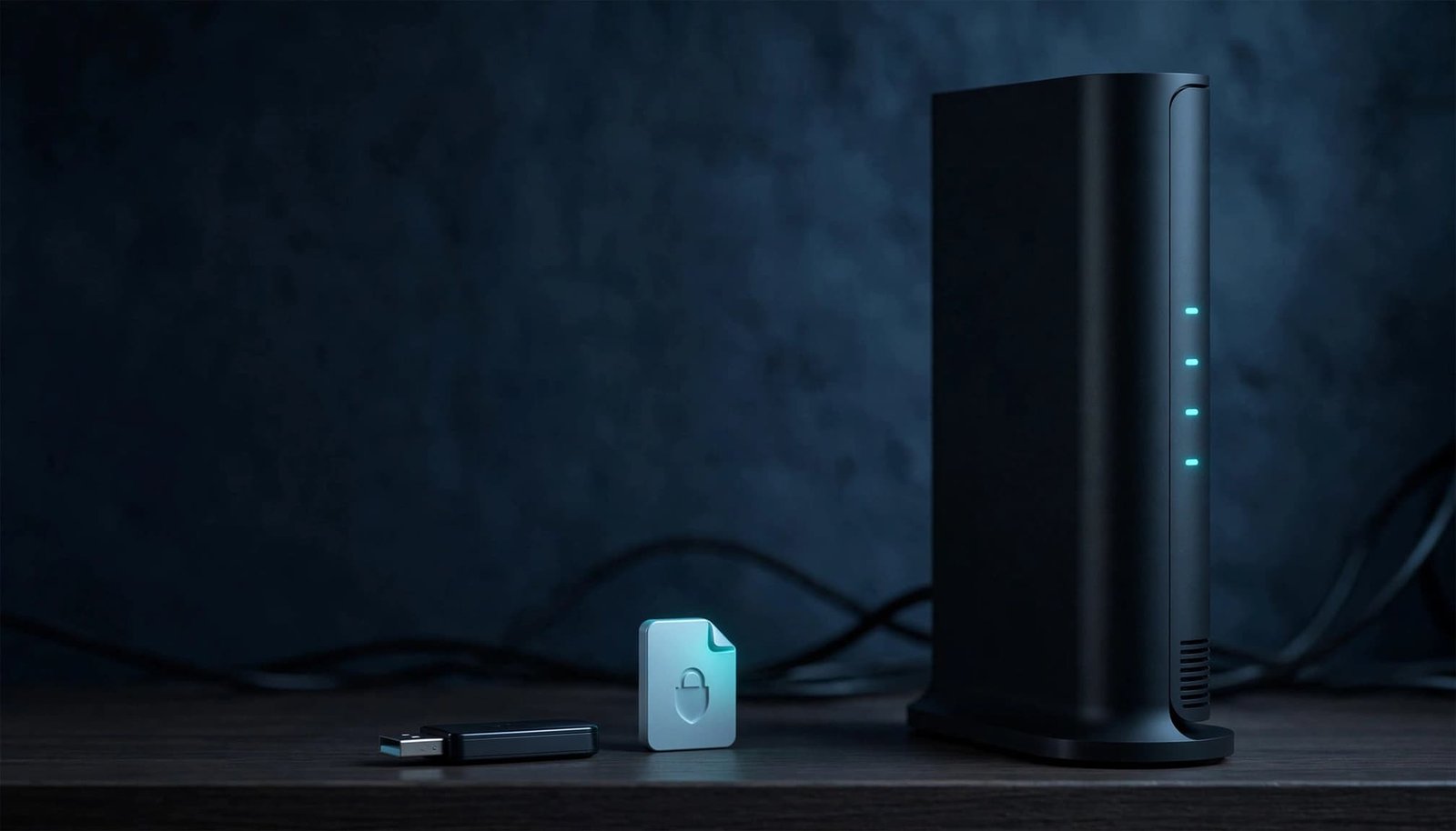 Netgear Router Configuration Backup and Restore Guide A router beside a USB drive and file icon on a dimly lit shelf.