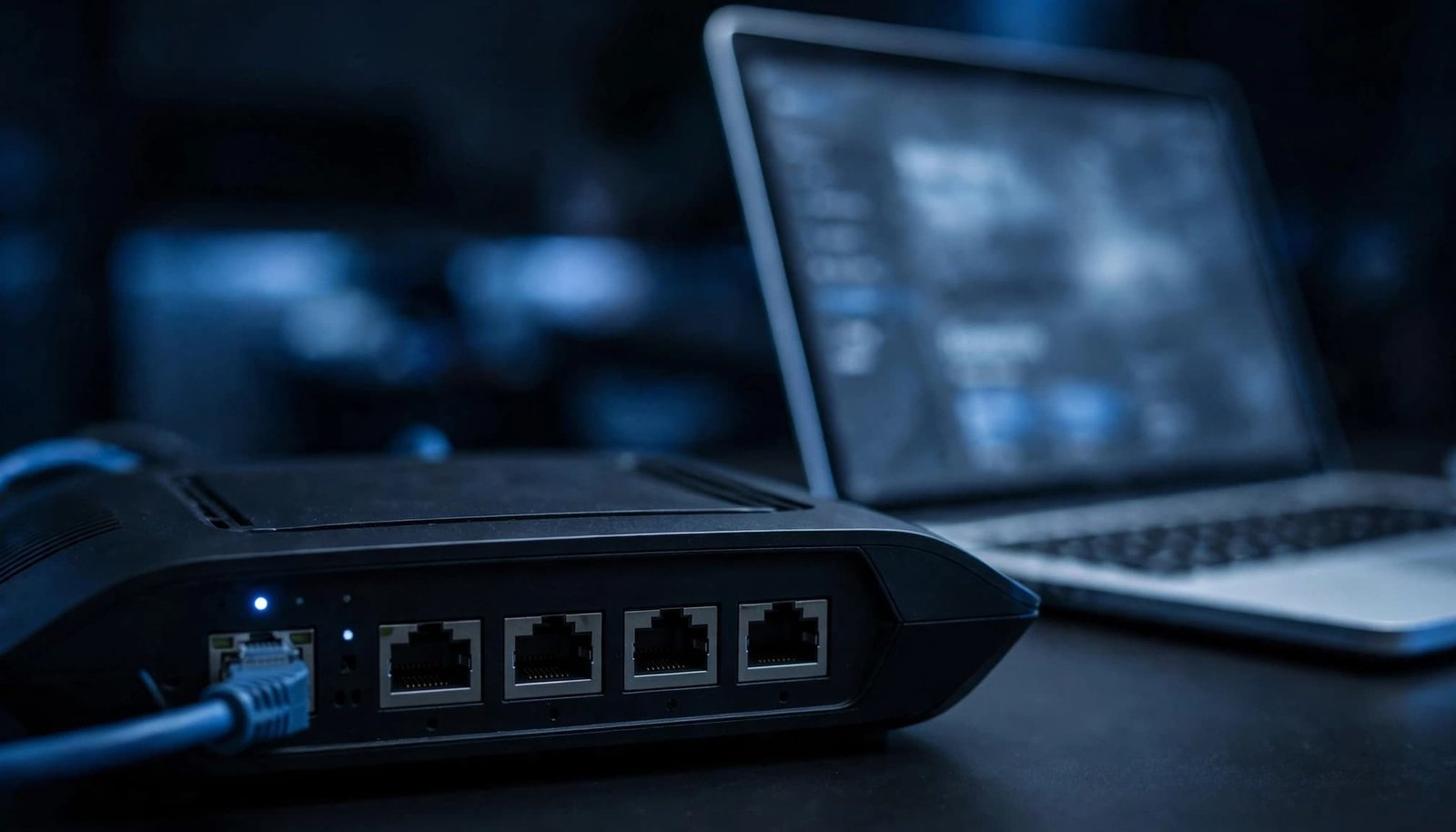 Netgear PPPoE Setup Guide for Fiber Internet Close-up router with one WAN cable and a laptop showing a blurred settings page.