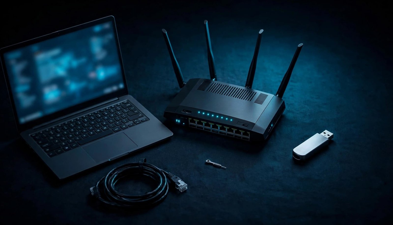 Netgear Router Configuration Backup and Restore Guide Router, laptop, and USB drive arranged for a home network restore.