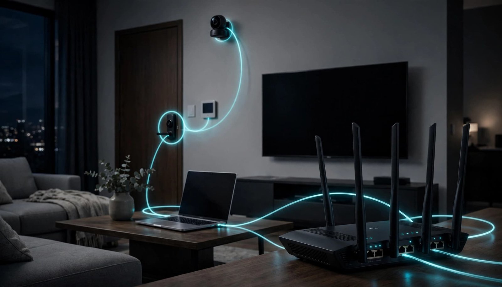 A glowing router connects with smart home devices in a dark living room.
