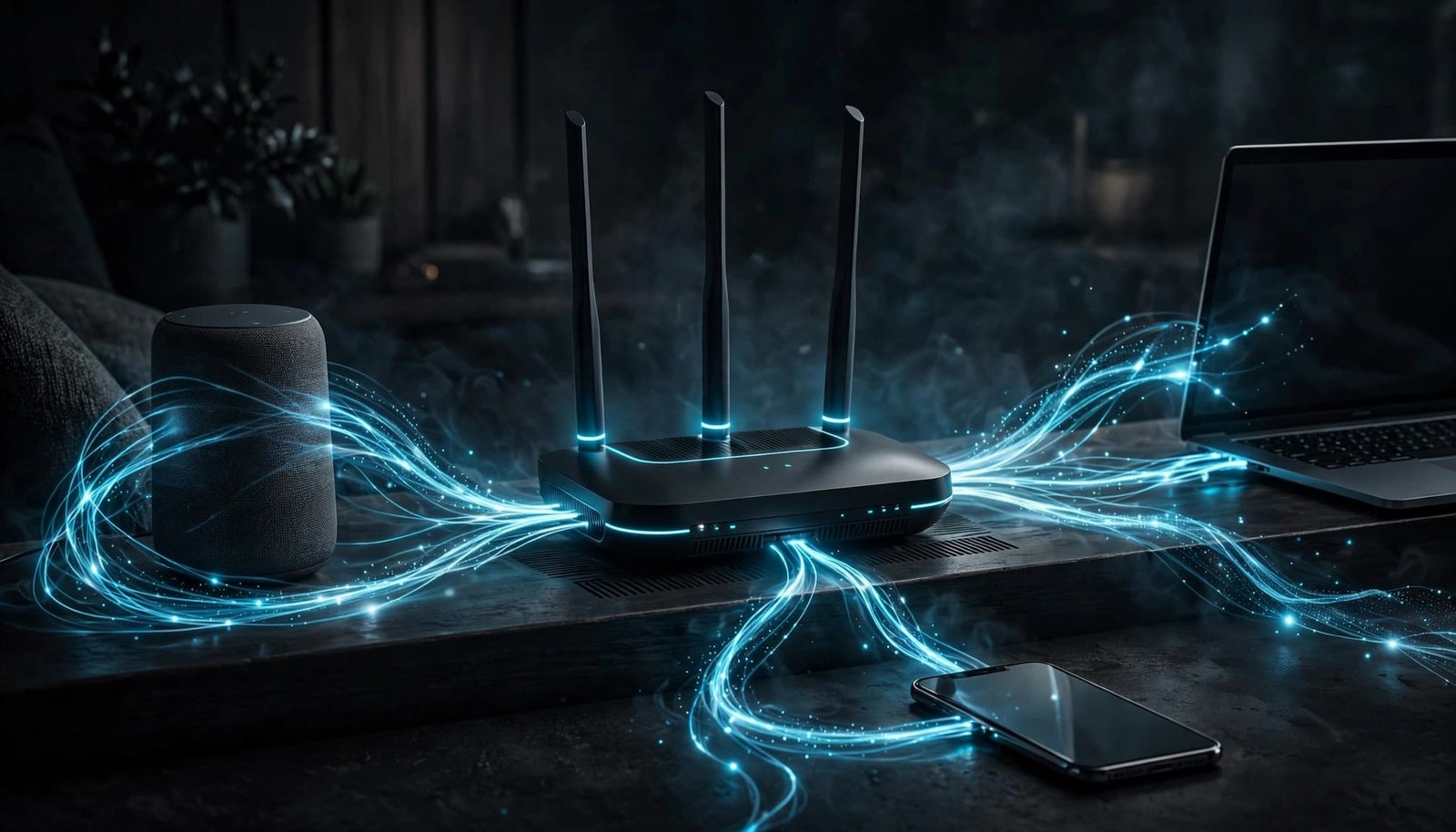 Netgear Smart Connect: Choosing Between 2.4 GHz and 5 GHz A router sends blue signal paths to a phone, laptop, and smart speaker.