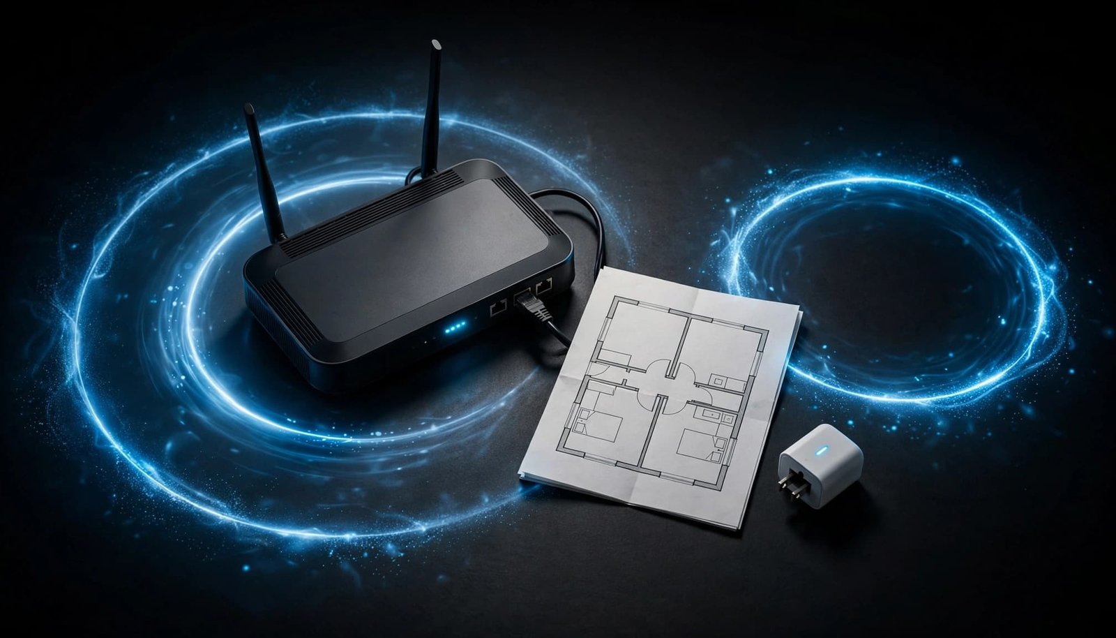 Netgear Smart Connect: Choosing Between 2.4 GHz and 5 GHz A Wi-Fi router and smart plug sit beside a floor plan within two blue signal rings.