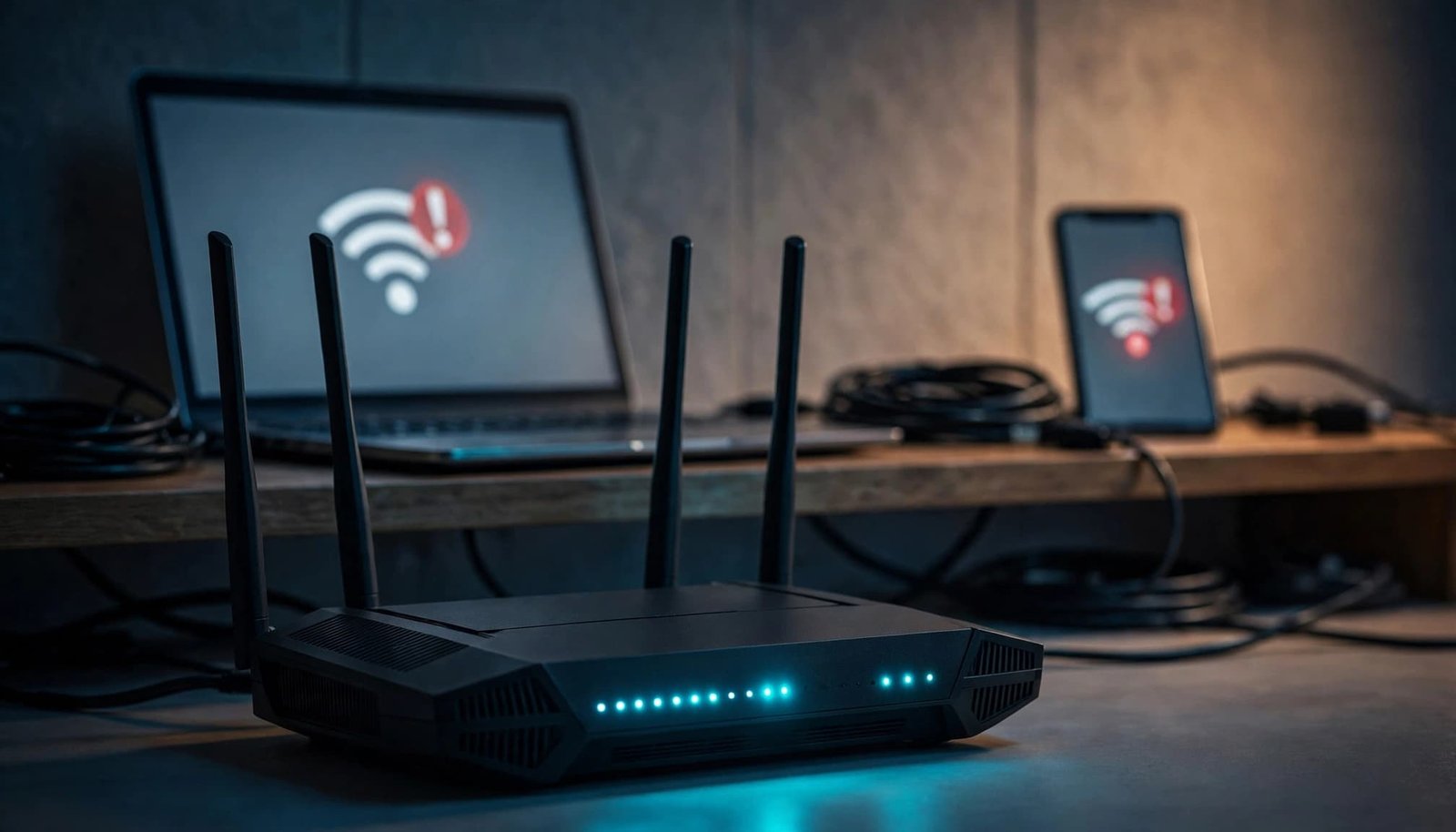 A router sits in front of a phone and laptop showing failed wireless connections.