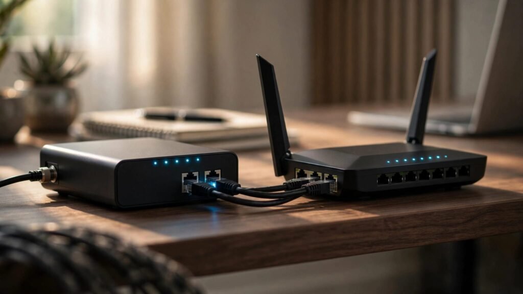 A router and modem connected by two Ethernet cables on a shelf.