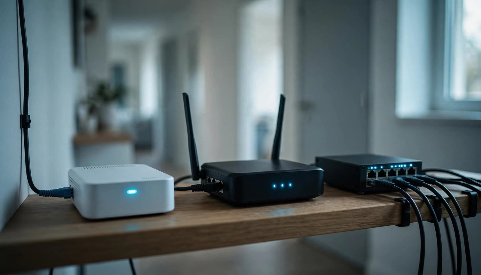 A fiber terminal connects to a router and switch on a home utility shelf.