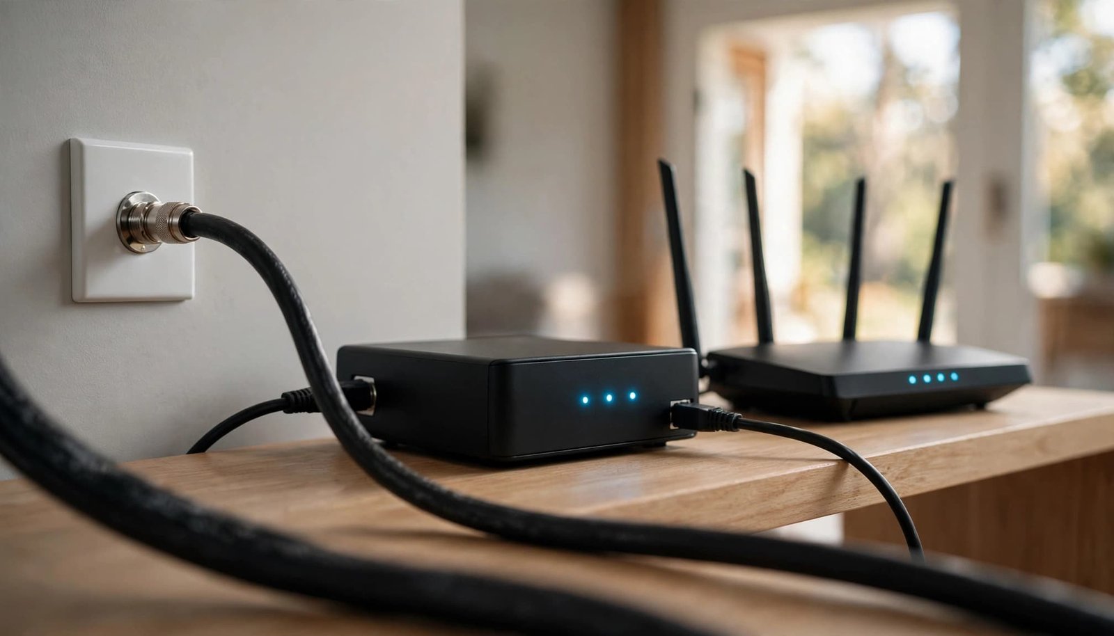 NETGEAR Router Packet Loss: Find the Weak Connection A coaxial cable connects a wall plate to a modem beside a router.