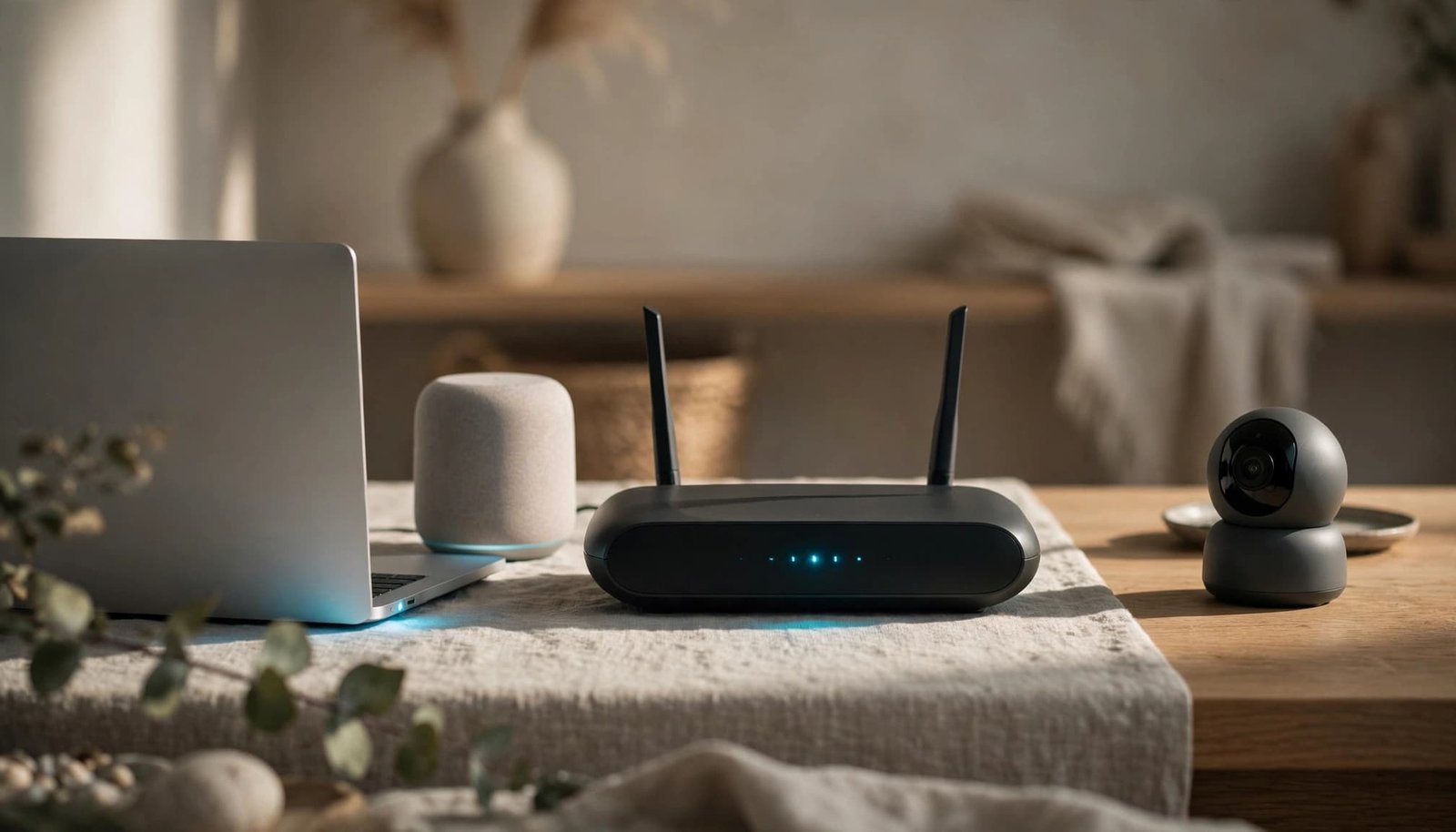 NETGEAR Router Access Control: Block a Device Safely A black wireless router sits on a table with a laptop, smart speaker, and security camera.