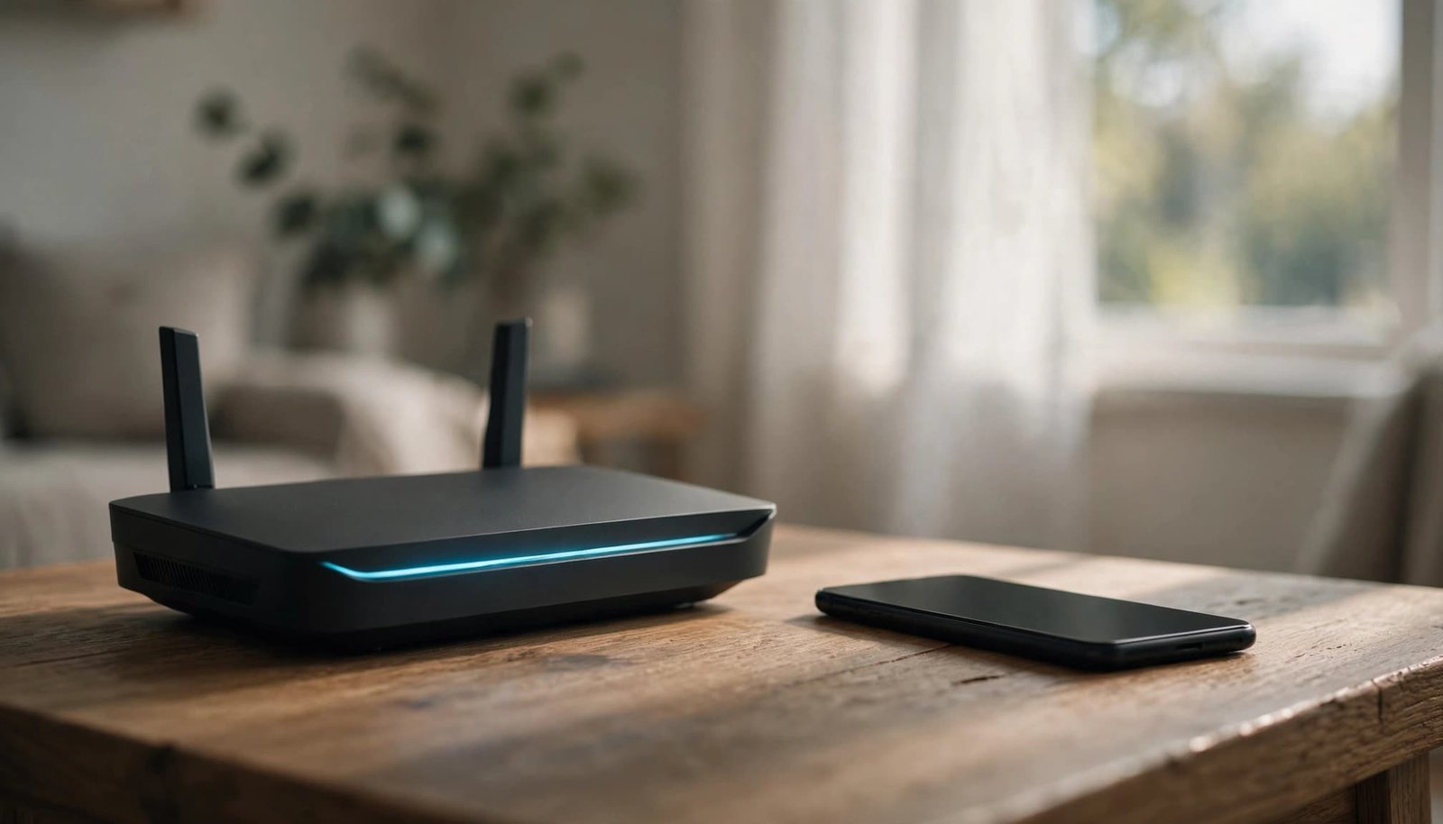 NETGEAR Router Access Control: Block a Device Safely A modern Wi-Fi router with a cyan light bar and a smartphone resting on a wooden table.