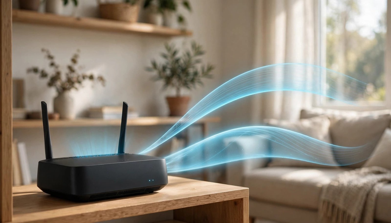 Why Your NETGEAR 5 GHz Network Doesn't Appear A modern black Wi-Fi router on a wooden table with blue light waves extending into a living room.