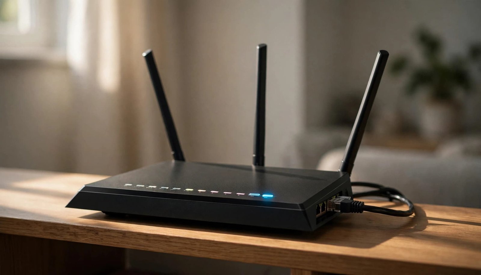 Read NETGEAR Router Logs to Find Connection Problems A home router with a glowing blue status light and a short network cable on a shelf.