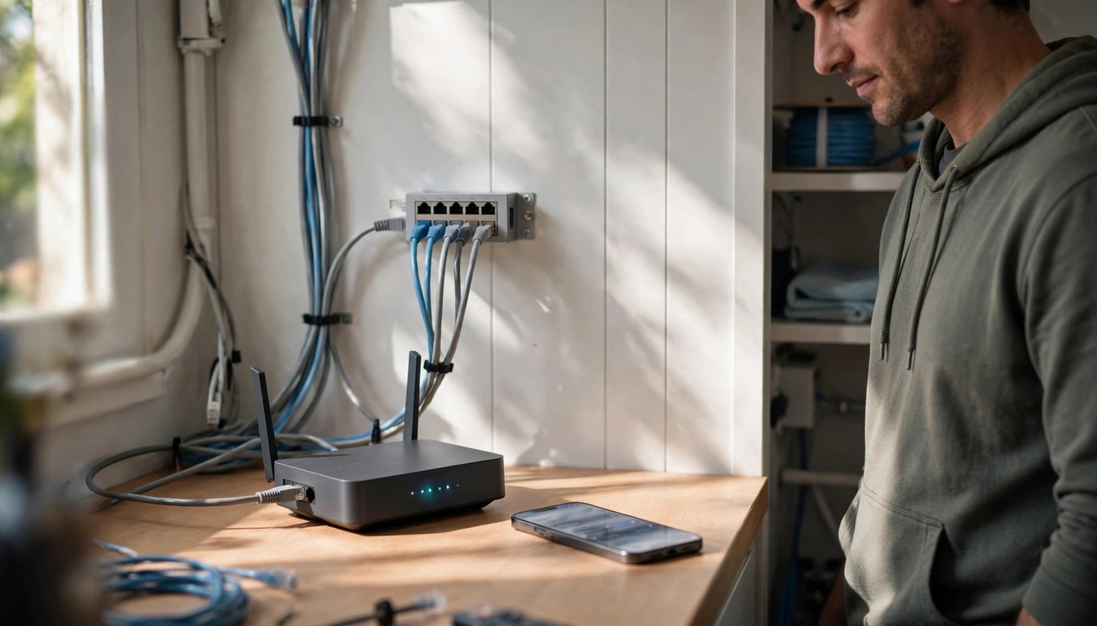 Wi-Fi 7 MLO on NETGEAR: Compatibility and Setup Checks An administrator stands beside a router and smartphone on a counter.