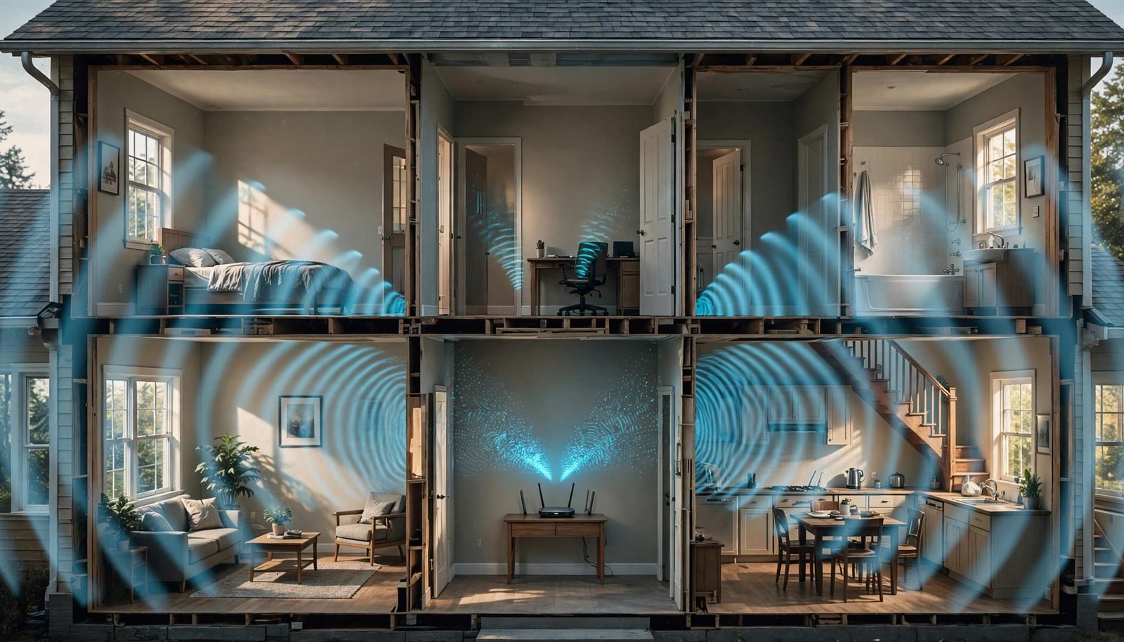 Why Your NETGEAR 5 GHz Network Doesn't Appear A cutaway view of a two-story house showing blue Wi-Fi waves propagating from a router.