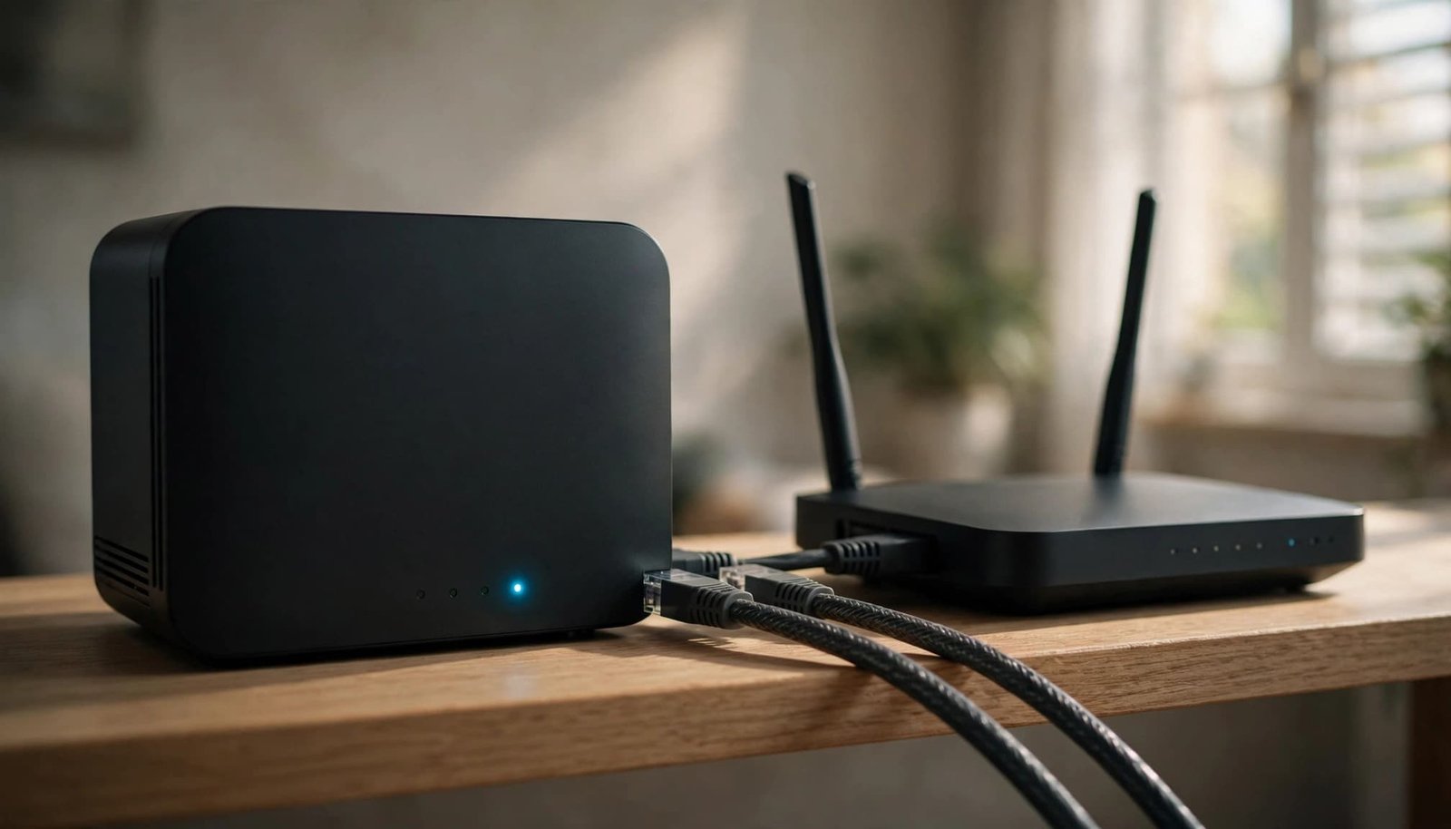 A cable modem and a Wi-Fi router connected by two Ethernet cables on a wooden shelf.