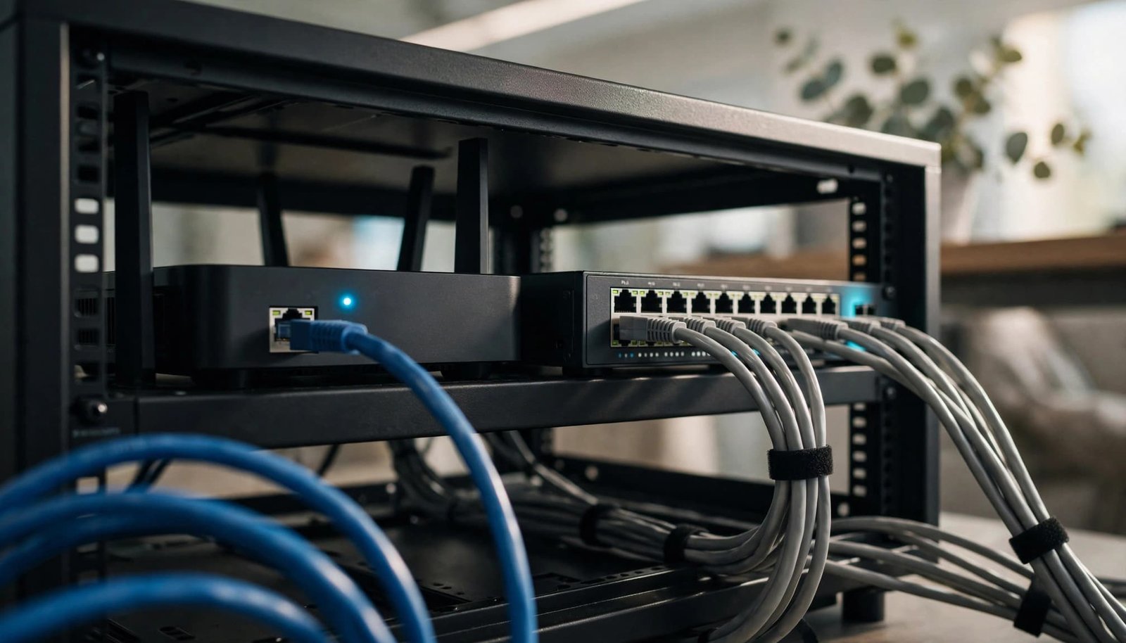 A networking cabinet with a router, a switch, and connected ethernet cables.