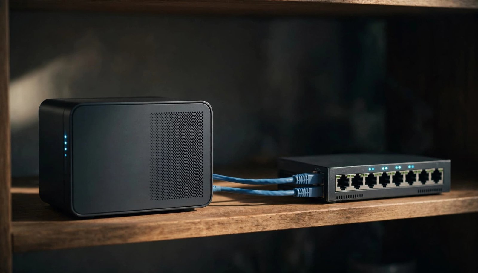 NETGEAR Link Aggregation: NAS and Multi-Gig Setup A black NAS and a network switch connected by two blue ethernet cables on a wooden shelf.