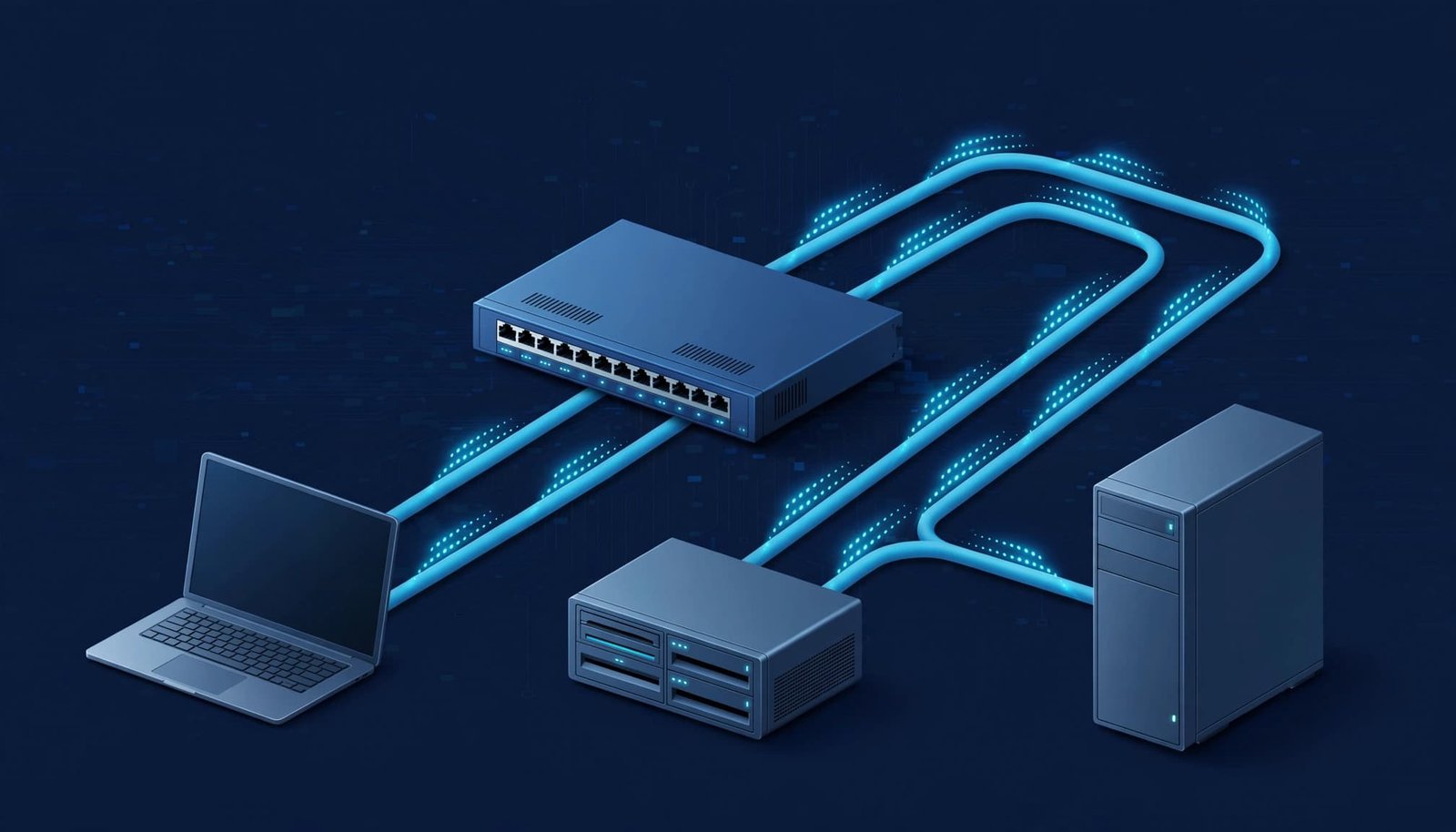 NETGEAR Link Aggregation: NAS and Multi-Gig Setup A technical diagram of a switch connected to a laptop, storage device, and computer via blue cables.