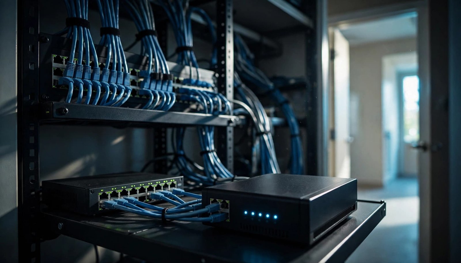 Read NETGEAR Router Logs to Find Connection Problems A small network switch and router connect neatly to a patch panel.