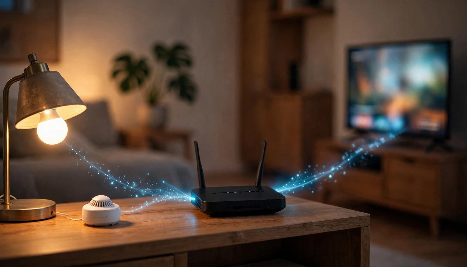 A router connects a small sensor and smart bulb with a television in a warmly lit room.