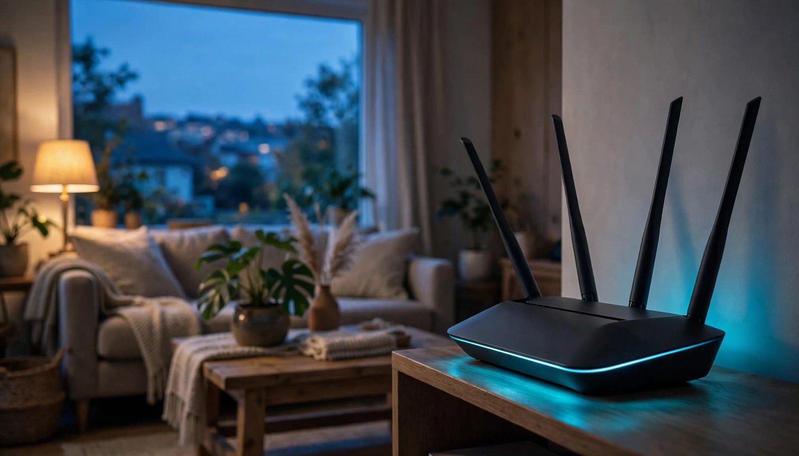 Wi-Fi 7 MLO on NETGEAR: Compatibility and Setup Checks A multi-antenna router rests on a shelf in a softly lit living room.