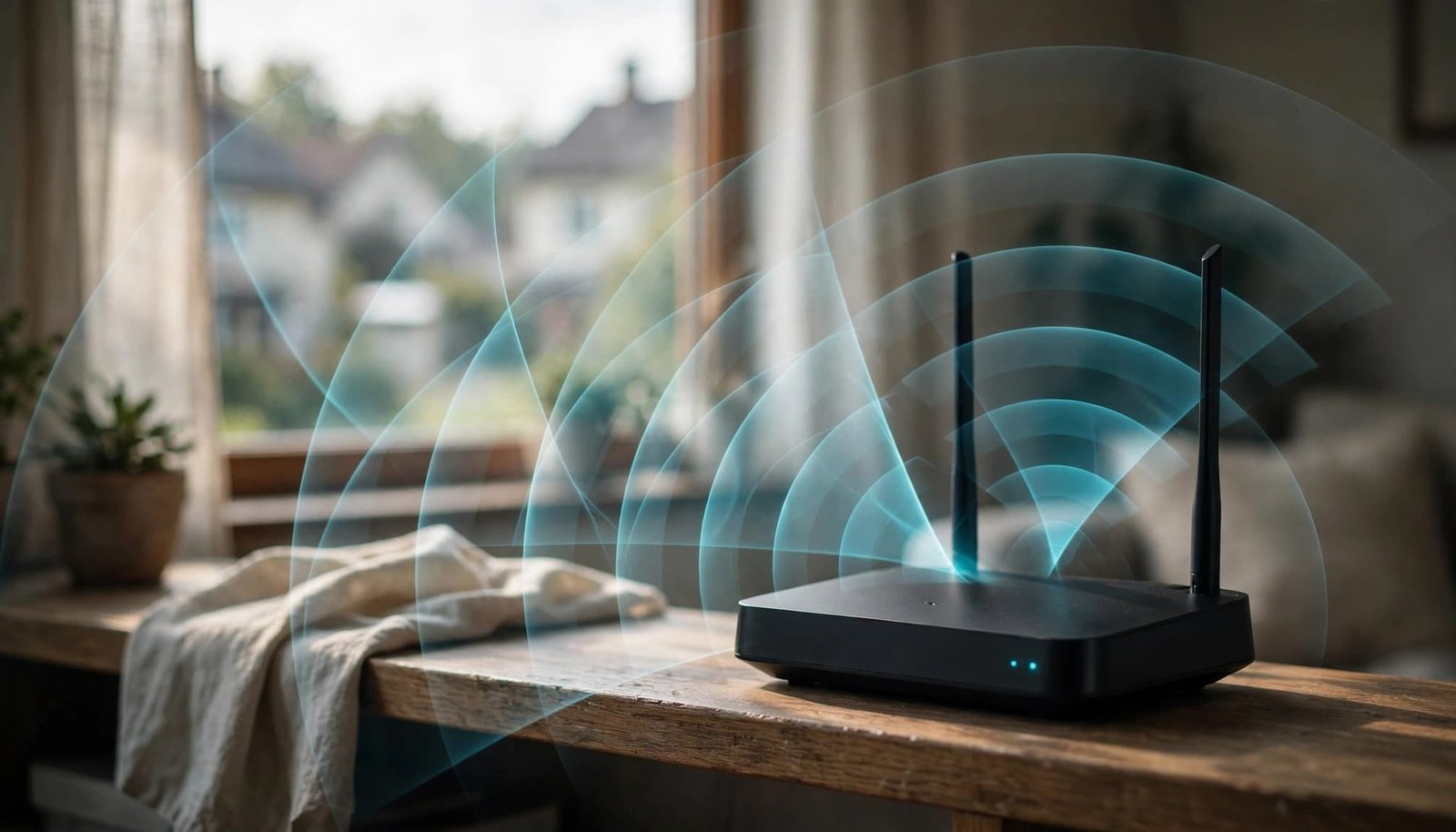 A router on a shelf with overlapping cyan signal arcs and homes visible outside.